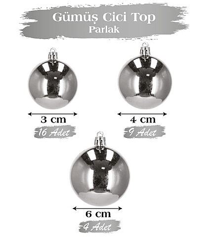 Yılbaşı Top Süs 3-4-6cm Parlak 29 Parça Gümüş - 