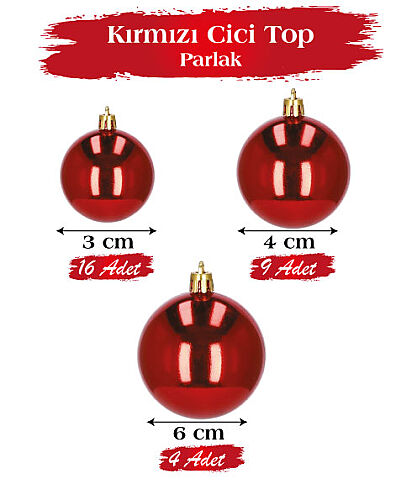 Yılbaşı Top Süs 3-4-6cm Parlak 29 Parça Kırmızı - 