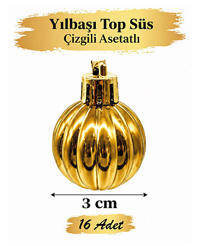Yılbaşı Top Süs 3 cm Çizgili Altın Asetatlı 16 Parça - 
