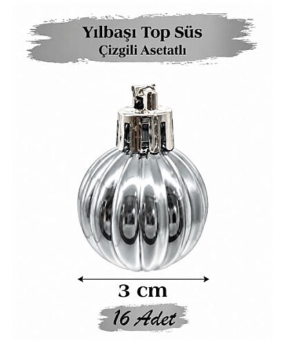 Yılbaşı Top Süs 3 cm Çizgili Gümüş Asetatlı 16 Parça - 