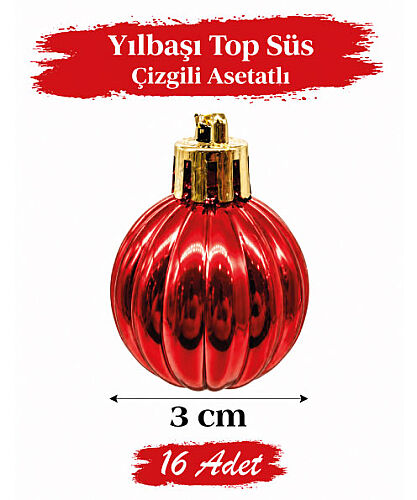 Yılbaşı Top Süs 3 cm Çizgili Kırmızı Asetatlı 16 Parça - 