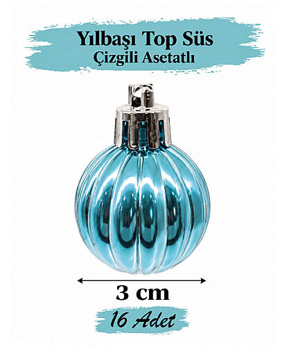 Yılbaşı Top Süs 3 cm Çizgili Mavi Asetatlı 16 Parça - 