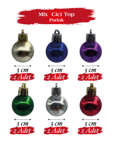 Yılbaşı Top Süs 3 Cm Parlak 12 Parça Karışık - 