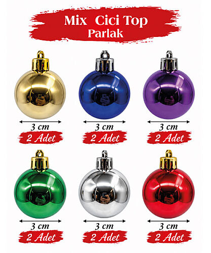 Yılbaşı Top Süs 3 Cm Parlak 12 Parça Karışık - 