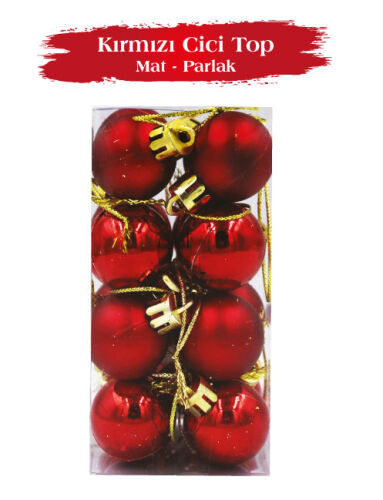 Yılbaşı Top Süs 3 Cm Mat Parlak Kırmızı 16 Parça - 