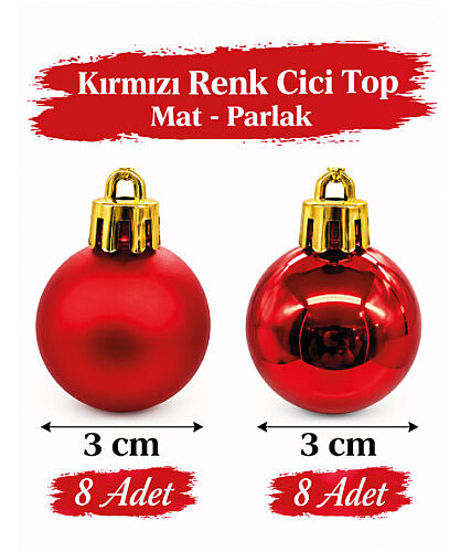 Yılbaşı Top Süs 3 Cm Mat Parlak Kırmızı 16 Parça - 