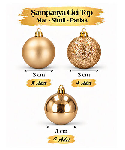 Yılbaşı Top Süs 3 Cm Mat Simli Parlak Şampanya 16lı - 