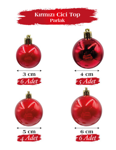 Yılbaşı Top Süs 4-5-6-8 Cm 18 Parça Krom Kırmızı - 