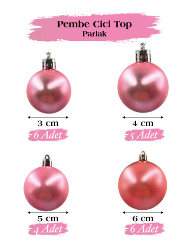 Yılbaşı Top Süs 4-5-6-8 Cm 18 Parça Krom Pembe - 