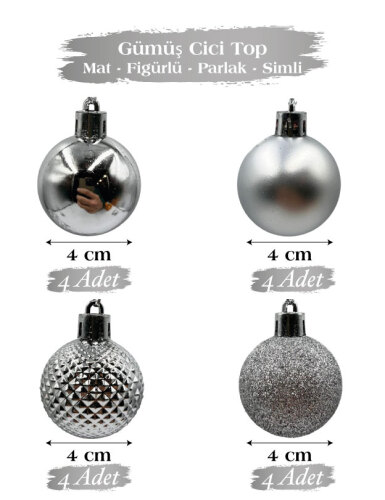 Yılbaşı Top Süs 4 Cm 16 Parça Karışık Desenli Gümüş - 