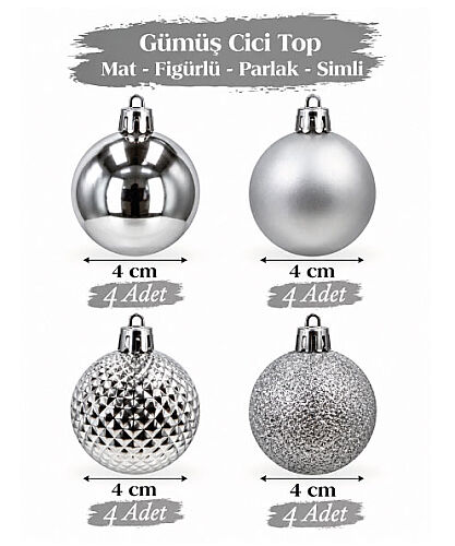 Yılbaşı Top Süs 4 Cm 16 Parça Karışık Desenli Gümüş - 