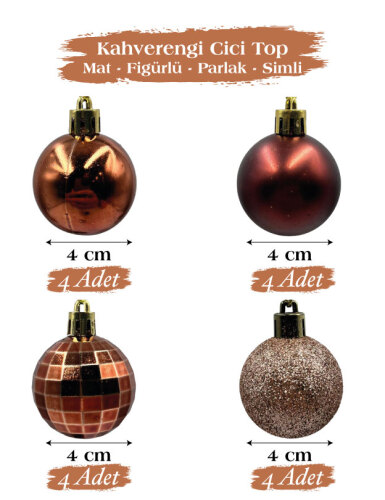 Yılbaşı Top Süs 4 Cm 16 Parça Karışık Desenli Kahverengi - 