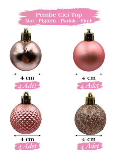 Yılbaşı Top Süs 4 Cm 16 Parça Karışık Desenli Rose Gold - 