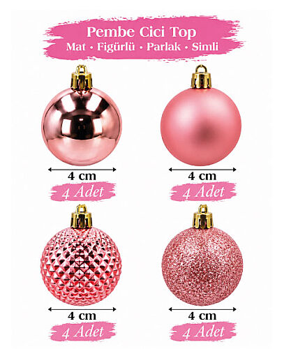 Yılbaşı Top Süs 4 Cm 16 Parça Karışık Desenli Rose Gold - 
