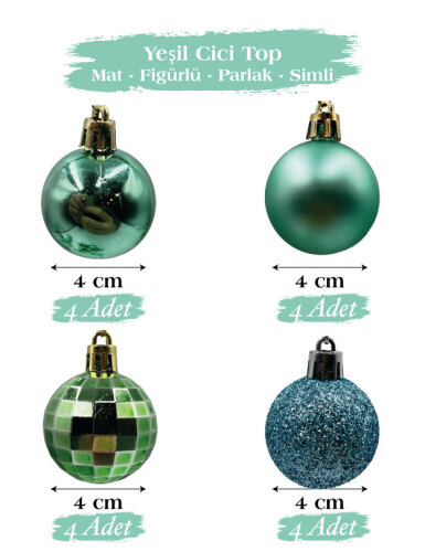 Yılbaşı Top Süs 4 Cm 16 Parça Karışık Desenli Yeşil - 