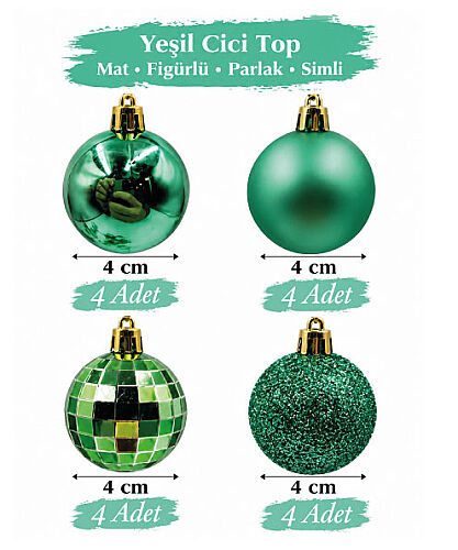 Yılbaşı Top Süs 4 Cm 16 Parça Karışık Desenli Yeşil - 