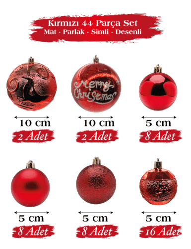 Yılbaşı Top Süs 44 Parça Set Kırmızı - 