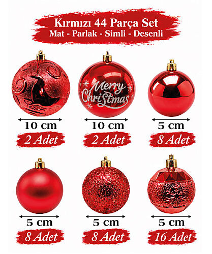 Yılbaşı Top Süs 44 Parça Set Kırmızı - 