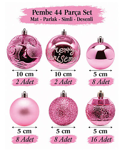 Yılbaşı Top Süs 44 Parça Set Pembe - 