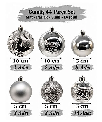 Yılbaşı Top Süs 44 Parça Set Gümüş - 