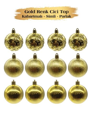 Yılbaşı Top Süs 6 Cm 12 Parça Parlak Kabartmalı Altın - 