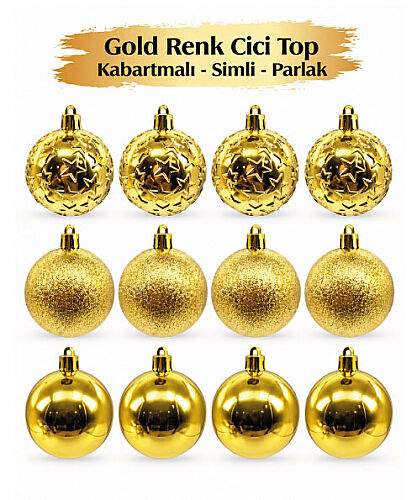 Yılbaşı Top Süs 6 Cm 12 Parça Parlak Kabartmalı Altın - 