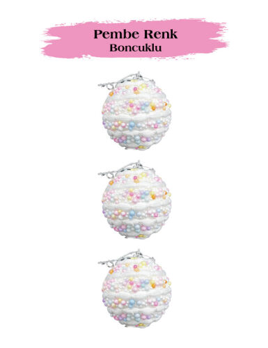 Yılbaşı Top Süs 8 Cm Pembe Renkli Boncuklu 3 Lü - 2
