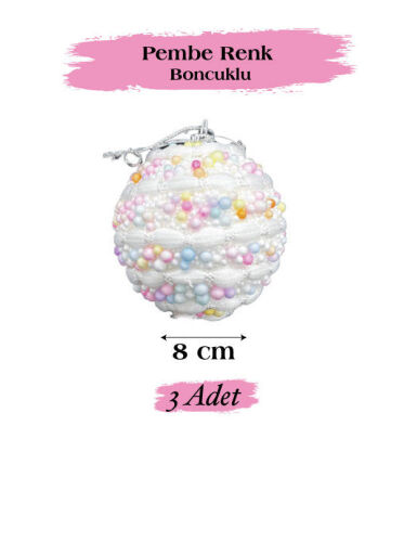 Yılbaşı Top Süs 8 Cm Pembe Renkli Boncuklu 3 Lü - 