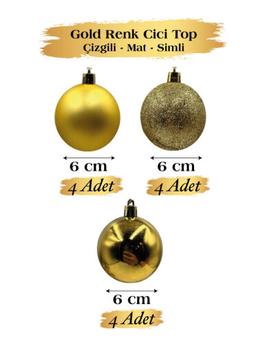 Yılbaşı Top Süs 6 Cm 12 Parça Mat Parlak Simli Altın - 