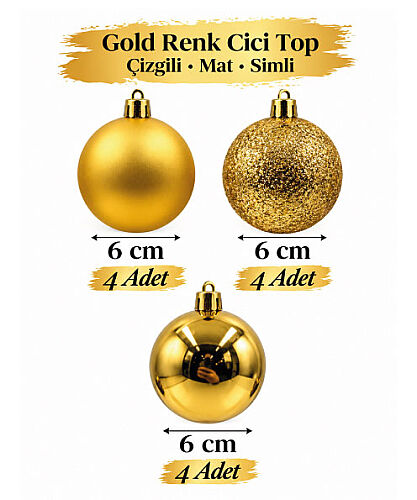 Yılbaşı Top Süs 6 Cm 12 Parça Mat Parlak Simli Altın - 