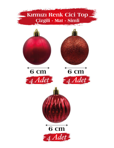 Yılbaşı Top Süs 6 Cm 12 Parça Mat Simli Kabartmalı Kırmızı - 