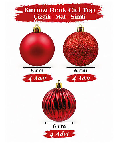 Yılbaşı Top Süs 6 Cm 12 Parça Mat Simli Kabartmalı Kırmızı - 