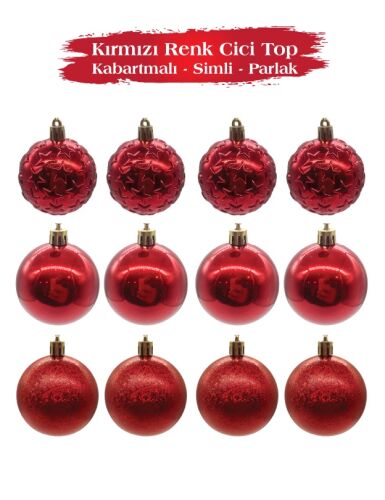 Yılbaşı Top Süs 6 Cm 12 Parça Parlak Kabartmalı Kırmızı - 