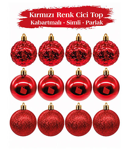 Yılbaşı Top Süs 6 Cm 12 Parça Parlak Kabartmalı Kırmızı - 