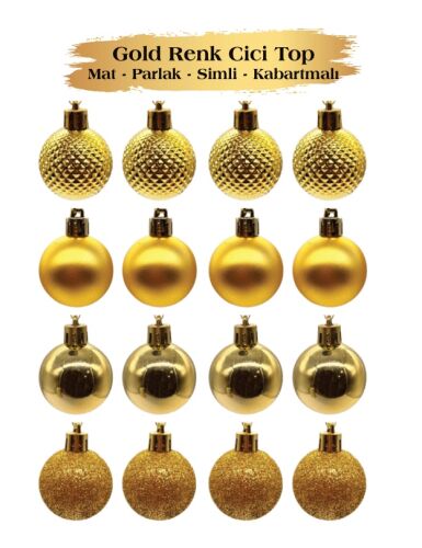 Yılbaşı Top Süs 4 Cm 16 Parça Mat Parlak Simli Kabartmalı Altın - 