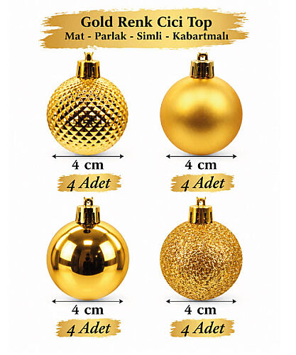 Yılbaşı Top Süs 4 Cm 16 Parça Mat Parlak Simli Kabartmalı Altın - 