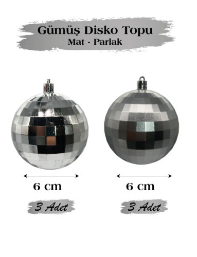 Yılbaşı Top Süs 6 cm 6 Parça Mat Parlak Disko Topu Gümüş - 3