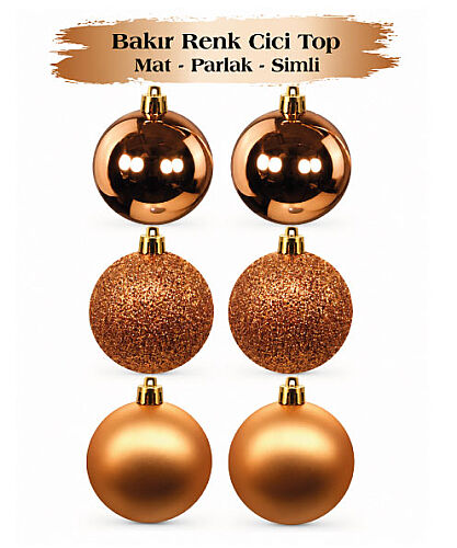 Yılbaşı Top Süs 6 Cm 6 Parça Mat Parlak Simli Bakır - 
