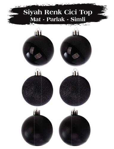 Yılbaşı Top Süs 6 Cm 6 Parça Mat Parlak Simli Siyah - 