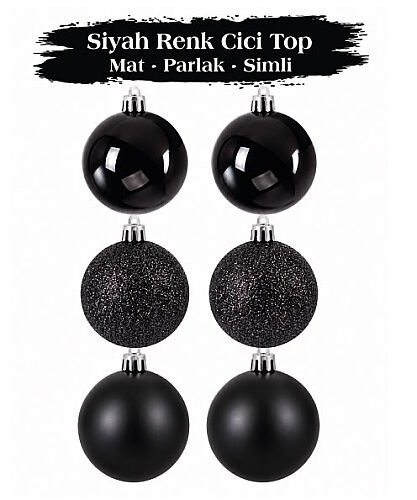 Yılbaşı Top Süs 6 Cm 6 Parça Mat Parlak Simli Siyah - 
