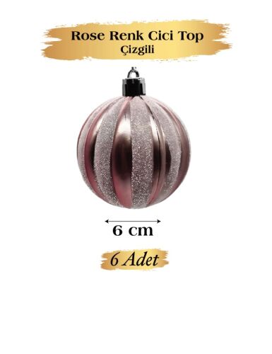Yılbaşı Top Süs 6 Cm Çizgili Simli Rose Gold 6 lı - 3