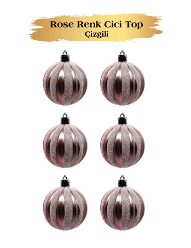 Yılbaşı Top Süs 6 Cm Çizgili Simli Rose Gold 6 lı - 