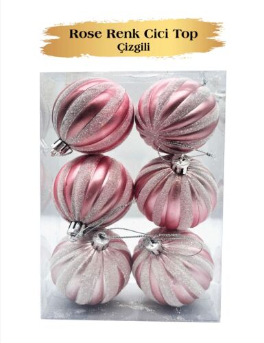 Yılbaşı Top Süs 6 Cm Çizgili Simli Rose Gold 6 lı - 2