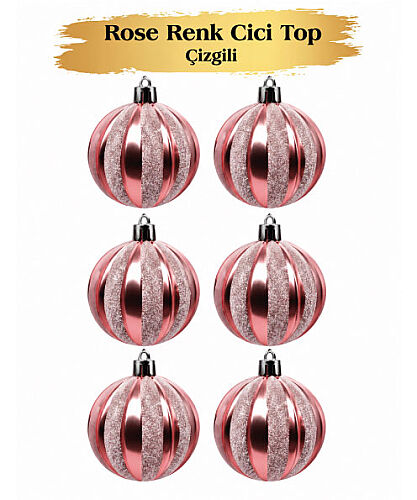 Yılbaşı Top Süs 6 Cm Çizgili Simli Rose Gold 6 lı - 