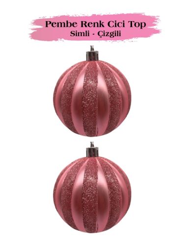 Yılbaşı Top Süs 10 Cm Çizgili Simli 2 Parça Pembe - 