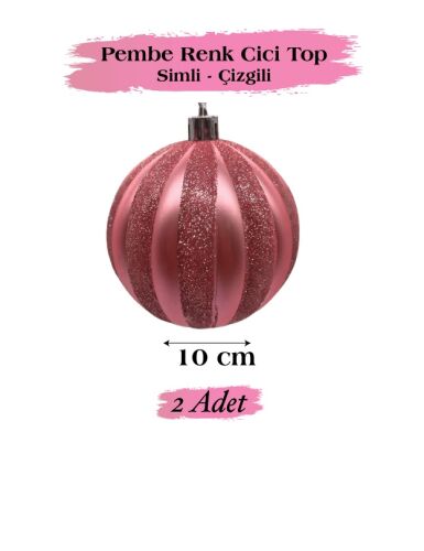 Yılbaşı Top Süs 10 Cm Çizgili Simli 2 Parça Pembe - 2
