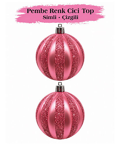 Yılbaşı Top Süs 10 Cm Çizgili Simli 2 Parça Pembe - 