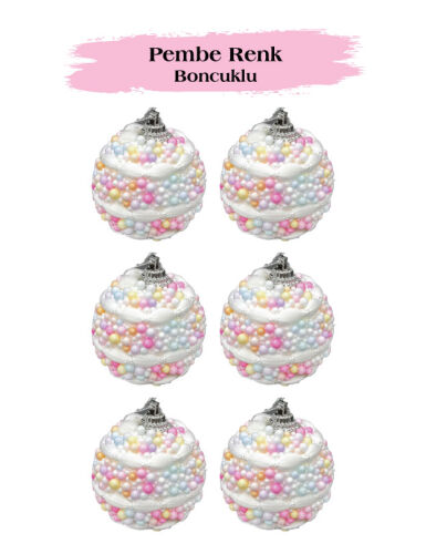 Yılbaşı Top Süs 5 Cm Pembe Renkli Boncuklu 6 Lı - 