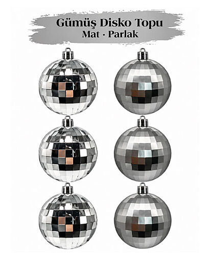 Yılbaşı Top Süs 8 cm 6 Parça Mat Parlak Disko Topu Gümüş - 