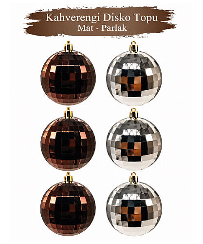 Yılbaşı Top Süs 8 cm 6 Parça Mat Parlak Disko Topu Kahverengi - 